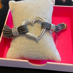Brighton Silver Plated Heart Bracelet with Gray Cord
